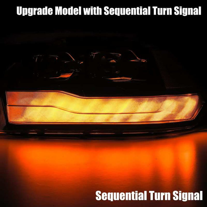 AlphaRex 09-18 Dodge Ram 1500HD LUXX LED Proj Headlights Plnk Style Blk w/Activ Light/Seq Signal/DRL - Bull Strap