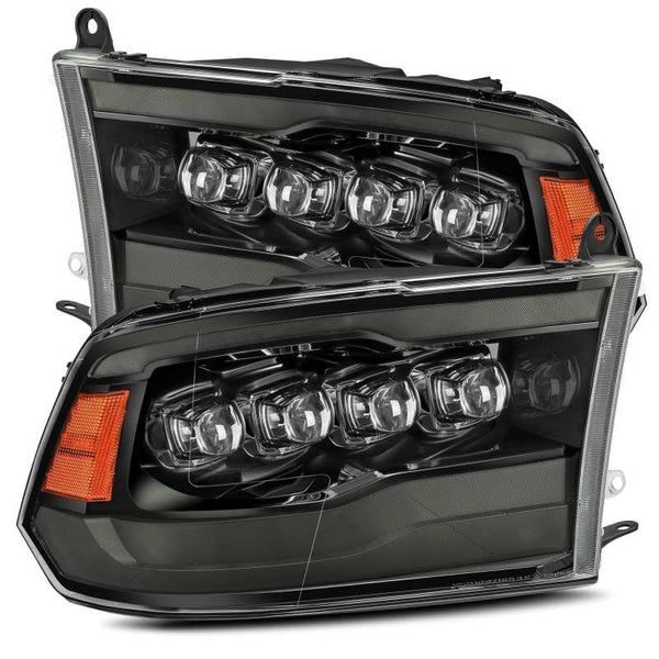AlphaRex 09-18 Dodge Ram 1500HD NOVA LED Projector Headlights Plank Style Design Alpha Black w/DRL - Bull Strap