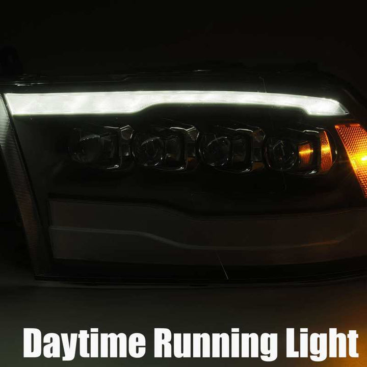 AlphaRex 09-18 Dodge Ram 1500HD NOVA LED Projector Headlights Plank Style Design Alpha Black w/DRL - Bull Strap