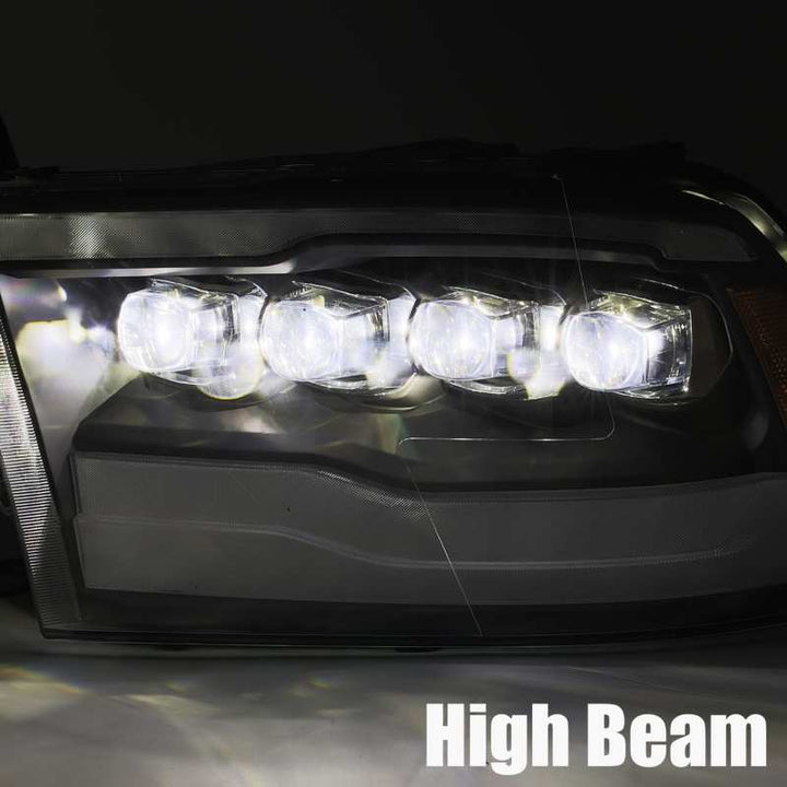 AlphaRex 09-18 Dodge Ram 1500HD NOVA LED Projector Headlights Plank Style Design Alpha Black w/DRL - Bull Strap