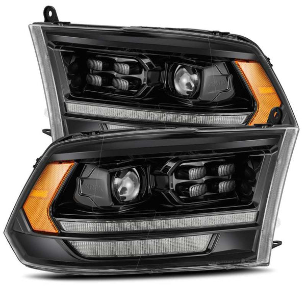 AlphaRex 09-18 Dodge Ram 1500HD PRO-Series Proj Headlights Plank Style Alpha Black w/Seq Signal/DRL - Bull Strap