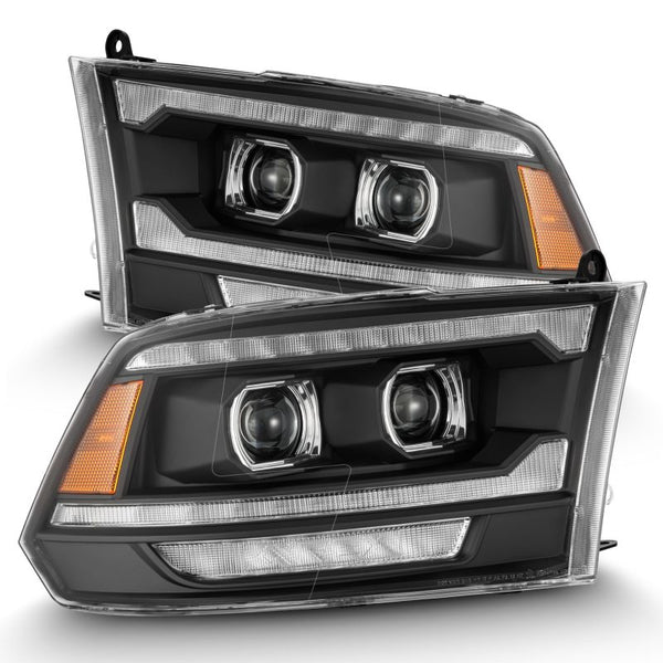 AlphaRex 09-18 Dodge Ram 2500 LUXX LED Proj Headlights Plank Style Blk w/Activ Light/Seq Signal/DRL - Bull Strap
