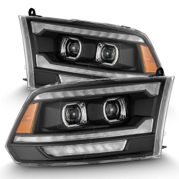 AlphaRex 09-18 Dodge Ram 2500 LUXX LED Proj Headlights Plank Style Blk w/Activ Light/Seq Signal/DRL - Bull Strap