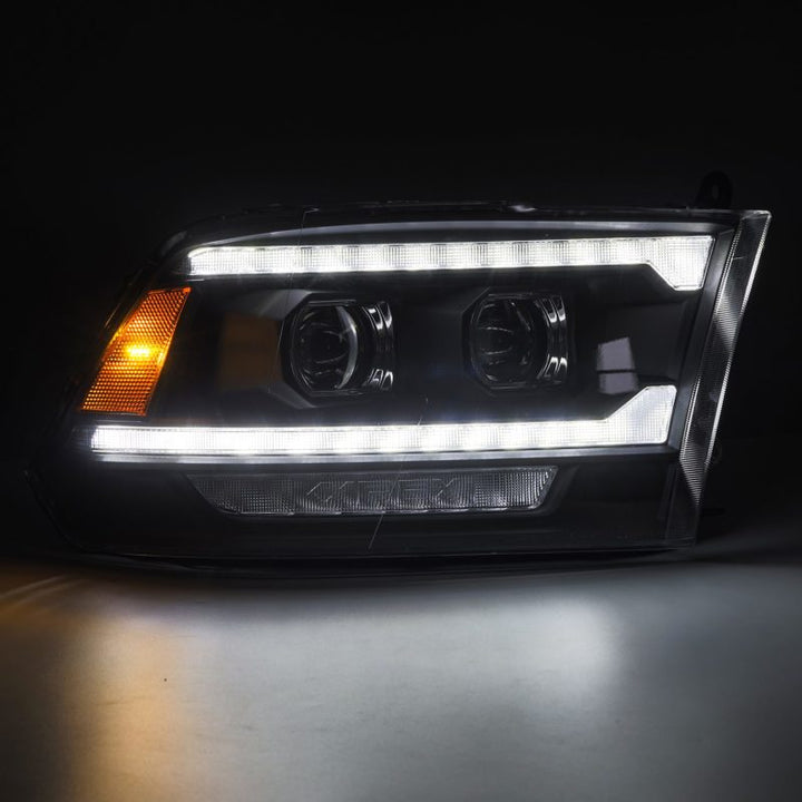 AlphaRex 09-18 Dodge Ram 2500 LUXX LED Proj Headlights Plank Style Blk w/Activ Light/Seq Signal/DRL - Bull Strap