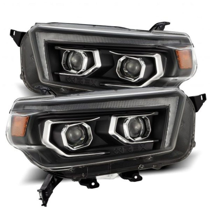 AlphaRex 10-13 Toyota 4Runner PRO-Series Projector Headlights Plank Style Black w/Seq Signal/DRL - Bull Strap