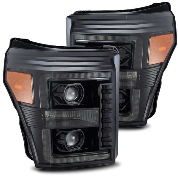 AlphaRex 11-16 Ford F-350 SD LUXX LED Proj Headlights Plank Style Alpha Blk w/Activ Light/Seq Signal - Bull Strap