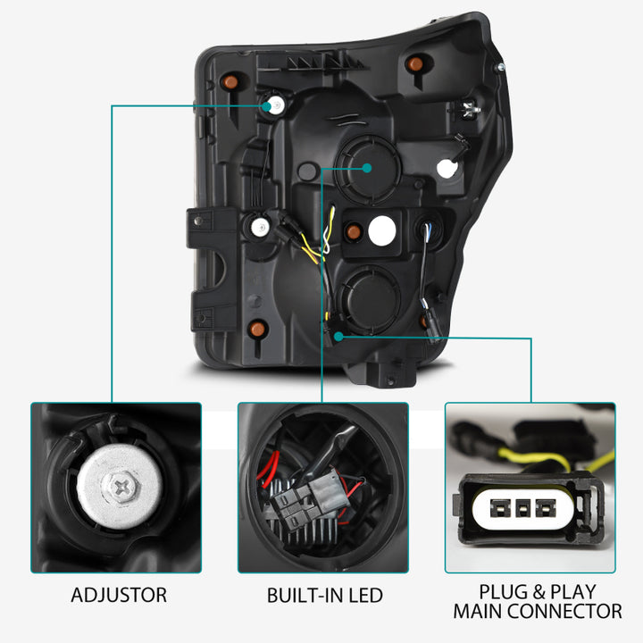 AlphaRex 11-16 Ford F-350 SD LUXX LED Proj Headlights Plank Style Alpha Blk w/Activ Light/Seq Signal - Bull Strap