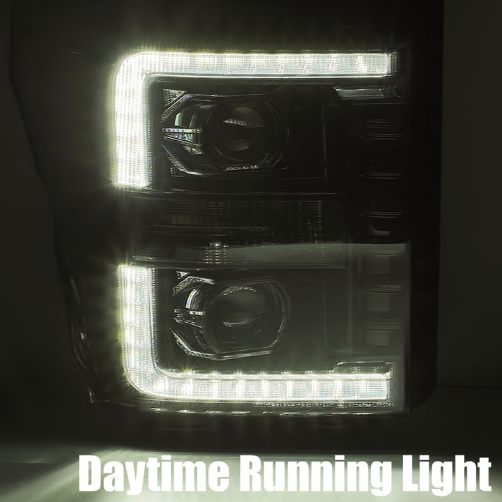 AlphaRex 11-16 Ford F-350 SD LUXX LED Proj Headlights Plank Style Alpha Blk w/Activ Light/Seq Signal - Bull Strap