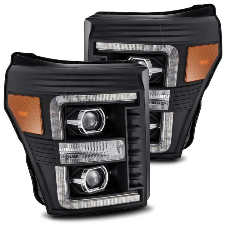 AlphaRex 11-16 Ford F-350 SD LUXX LED Proj Headlights Plank Style Black w/Activ Light/Seq Signal - Bull Strap