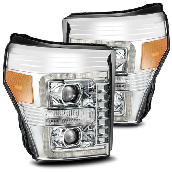 AlphaRex 11-16 Ford F-350 SD LUXX LED Proj Headlights Plank Style Chrm w/Activ Light/Seq Signal/DRL - Bull Strap