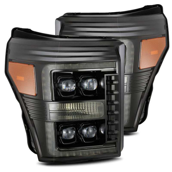 AlphaRex 11-16 Ford F-350 SD NOVA LED Proj Headlights Plank Style Alpha Blk w/Activ Light/Seq Signal - Bull Strap