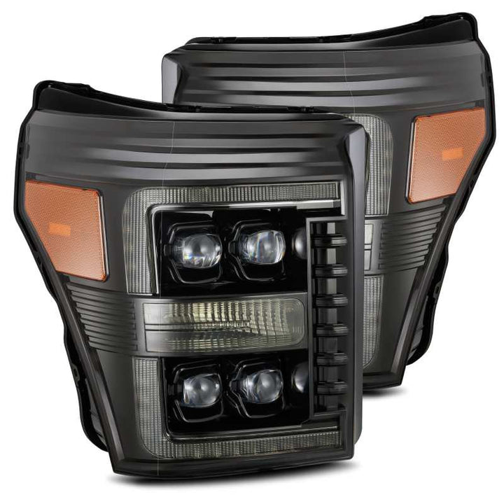 AlphaRex 11-16 Ford F-350 SD NOVA LED Proj Headlights Plank Style Alpha Blk w/Activ Light/Seq Signal - Bull Strap