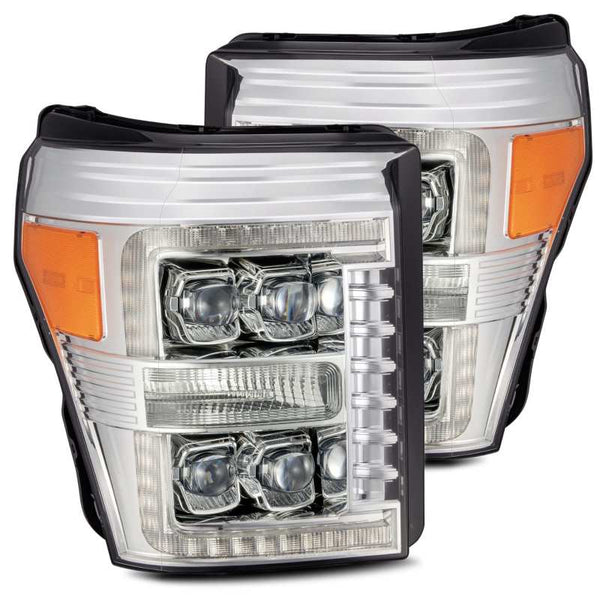 AlphaRex 11-16 Ford F-350 SD NOVA LED Proj Headlights Plank Style Chrm w/Activ Light/Seq Signal - Bull Strap