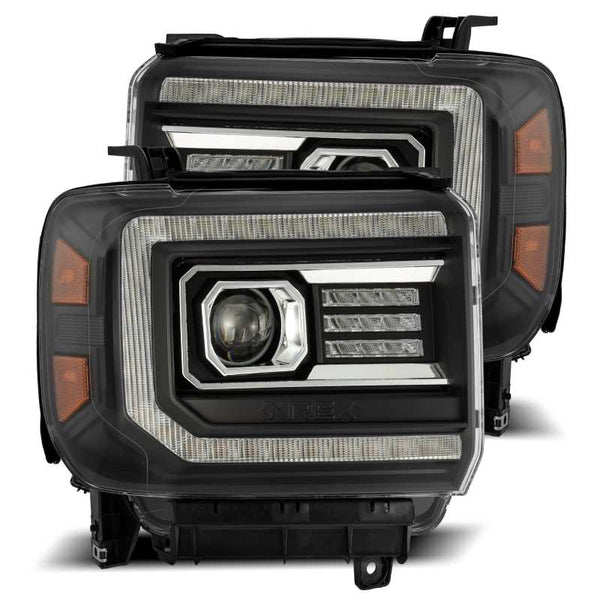 AlphaRex 14-18 GMC Sierra LUXX LED Proj Headlights Plank Style Black w/Activ Light/Seq Signal/DRL - Bull Strap