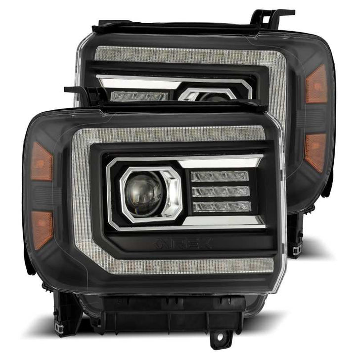 AlphaRex 14-18 GMC Sierra LUXX LED Proj Headlights Plank Style Black w/Activ Light/Seq Signal/DRL - Bull Strap