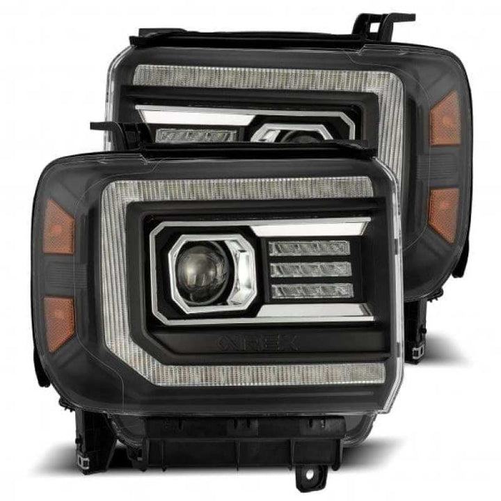 AlphaRex 14-18 GMC Sierra LUXX LED Proj Headlights Plank Style Black w/Activ Light/Seq Signal/DRL - Bull Strap