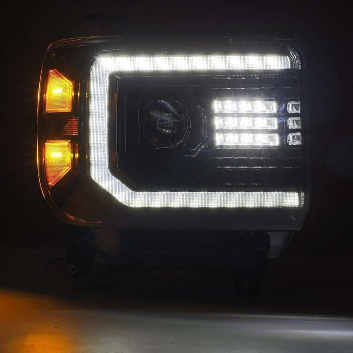 AlphaRex 14-18 GMC Sierra LUXX LED Proj Headlights Plank Style Black w/Activ Light/Seq Signal/DRL - Bull Strap