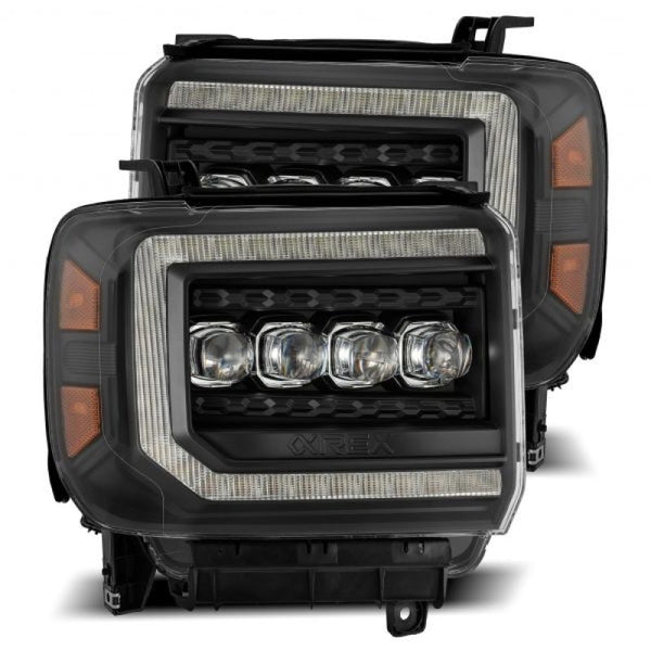 AlphaRex 14-18 GMC Sierra NOVA LED Proj Headlights Plank Style Black w/Activ Light/Seq Signal/DRL - Bull Strap