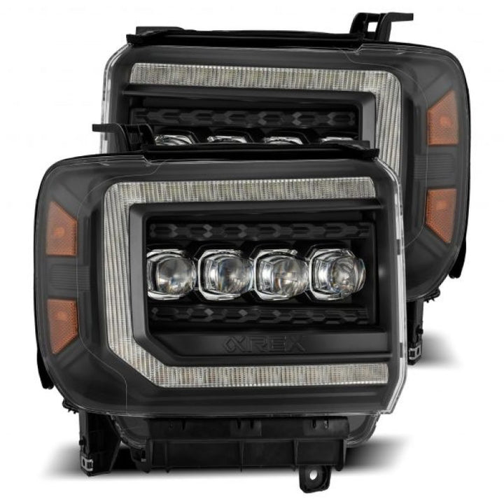 AlphaRex 14-18 GMC Sierra NOVA LED Proj Headlights Plank Style Black w/Activ Light/Seq Signal/DRL - Bull Strap