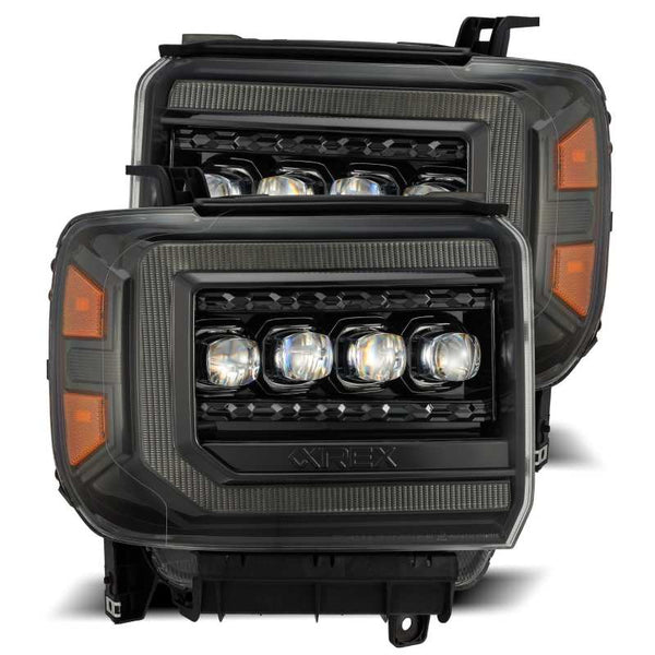 AlphaRex 14-18 GMC Sierra NOVA LED Proj Headlights Plnk Style Alpha Blk w/Activ Light/Seq Signal/DRL - Bull Strap
