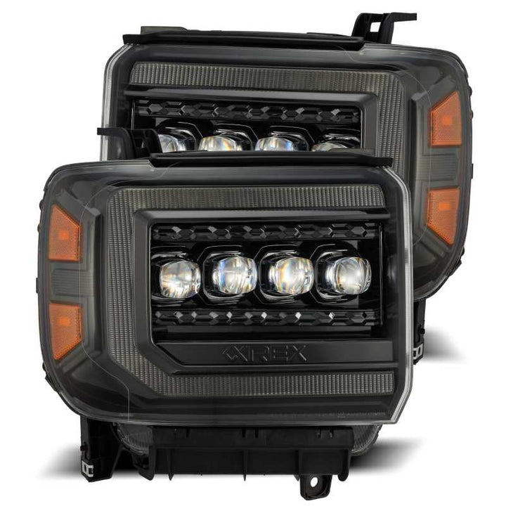 AlphaRex 14-18 GMC Sierra NOVA LED Proj Headlights Plnk Style Alpha Blk w/Activ Light/Seq Signal/DRL - Bull Strap