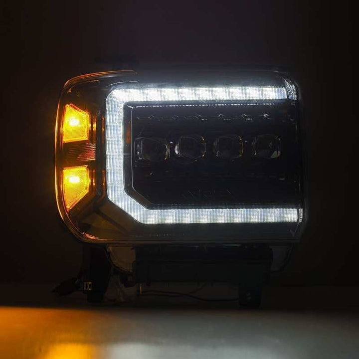 AlphaRex 14-18 GMC Sierra NOVA LED Proj Headlights Plnk Style Alpha Blk w/Activ Light/Seq Signal/DRL - Bull Strap