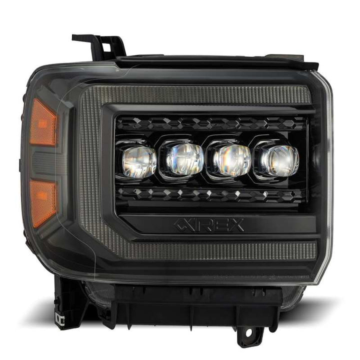 AlphaRex 14-18 GMC Sierra NOVA LED Proj Headlights Plnk Style Alpha Blk w/Activ Light/Seq Signal/DRL - Bull Strap