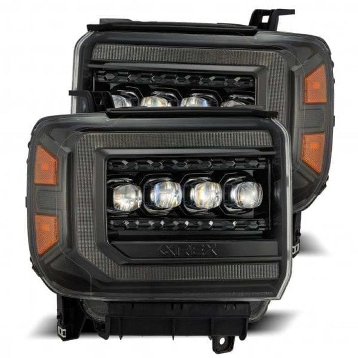 AlphaRex 14-18 GMC Sierra NOVA LED Proj Headlights Plnk Style Alpha Blk w/Activ Light/Seq Signal/DRL - Bull Strap