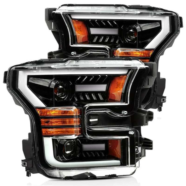 AlphaRex 15-17 Ford F-150 PRO-Series Proj Headlights Plank Style Gloss Blk w/Activ Light/Seq Signal - Bull Strap