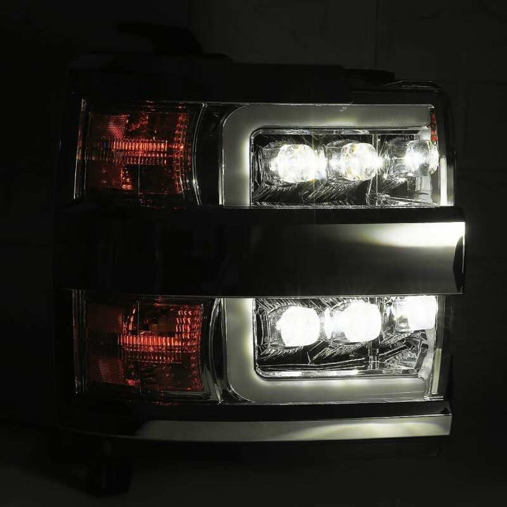 AlphaRex 15-18 Chevy 2500HD NOVA LED Proj Headlights Plank Style Chrome w/Activ Light/Seq Signal/DRL - Bull Strap