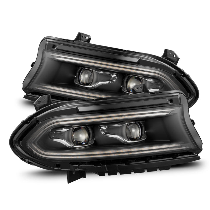 AlphaRex 15-23 Dodge Charger LUXX-Series LED Proj Headlights Black w/Activtn Lgt & Seq.Sig / SB DRL - Bull Strap