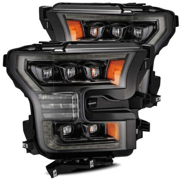 AlphaRex 17-20 Ford Raptor NOVA LED Proj Headlights Plank Style Alpha Black w/Activ Light/Seq Signal - Bull Strap