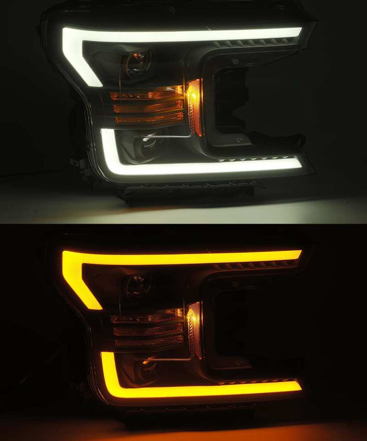 AlphaRex 18-19 Ford F-150 PRO-Series Proj Headlights Plank Style Gloss Blk w/Activ Light/Seq Signal - Bull Strap