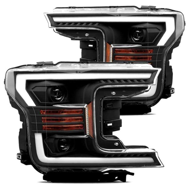 AlphaRex 18-20 Ford F-150 LUXX Style Projector Headlights Alpha Black w/Activation Light/DRL - Bull Strap