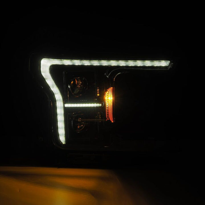 AlphaRex 18-20 Ford F-150 (Req. Conv F150 w/LED) LUXX LED Proj HL Alpha-Blk w/Actv Lt Seq Sig SB DRL - Bull Strap