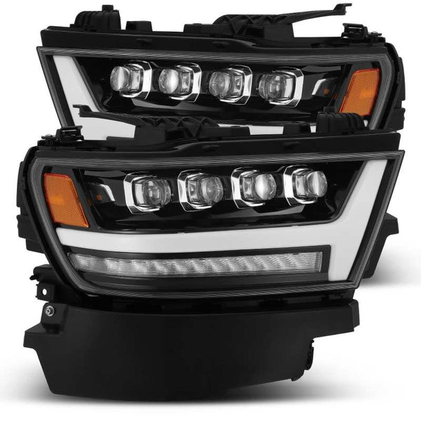 AlphaRex 19-20 Ram 1500HD NOVA LED Proj Headlights Plank Style Gloss Blk w/Activ Lght/Seq Signal/DRL - Bull Strap
