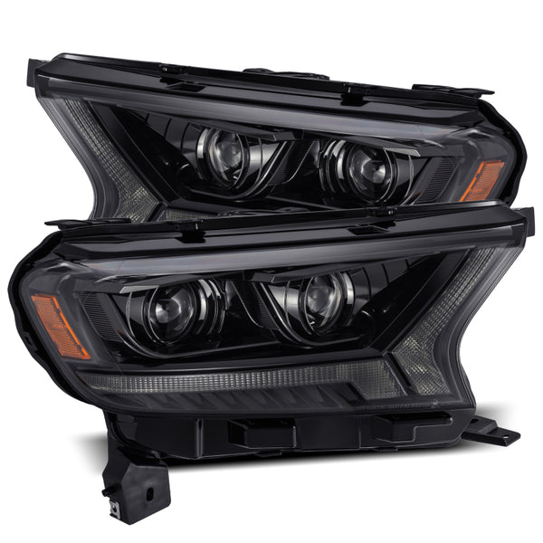 AlphaRex 19-21 Ford Ranger LUXX LED Proj Headlights Plank Style Alpha Black w/Seq Signal/DRL - Bull Strap
