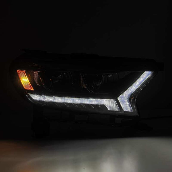 AlphaRex 19-21 Ford Ranger LUXX LED Proj Headlights Plank Style Alpha Black w/Seq Signal/DRL - Bull Strap