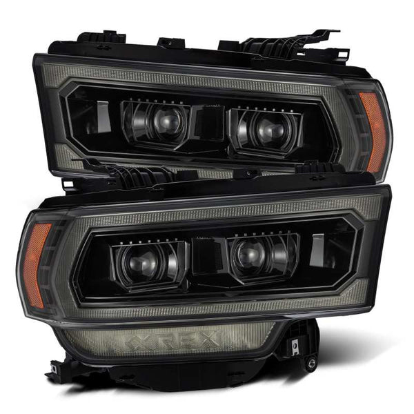 AlphaRex 19-21 Ram 2500 LUXX LED Proj Headlights Plank Style Alpha Blk w/Activ Light/Seq Signal/DRL - Bull Strap