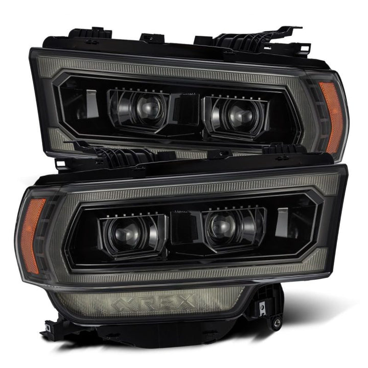AlphaRex 19-21 Ram 2500 LUXX LED Proj Headlights Plank Style Alpha Blk w/Activ Light/Seq Signal/DRL - Bull Strap