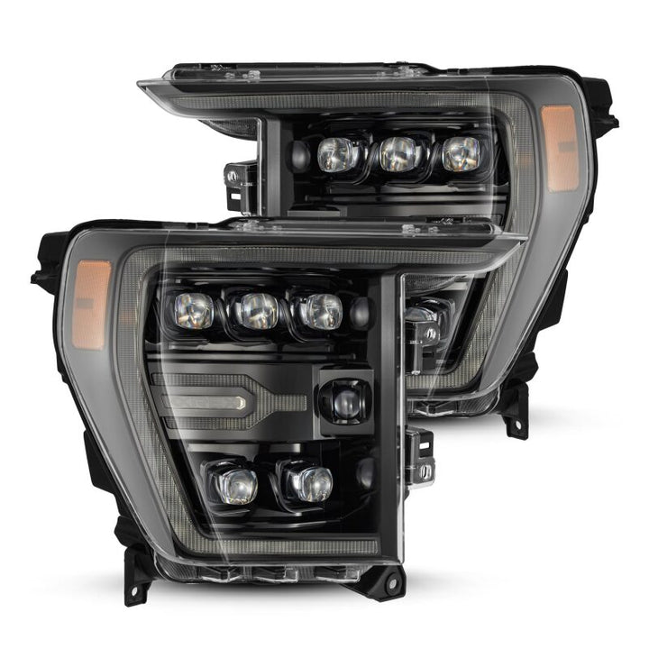 AlphaRex 21-22 Ford F-150 NOVA LED Proj Headlights Plank Style Alpha Blk w/Activ Light/Seq Signal - Bull Strap