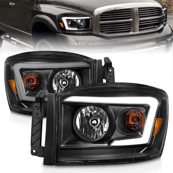 ANZO 06-09 Dodge RAM 1500/2500/3500 Headlights Black Housing/Clear Lens (w/ Light Bars) - Bull Strap