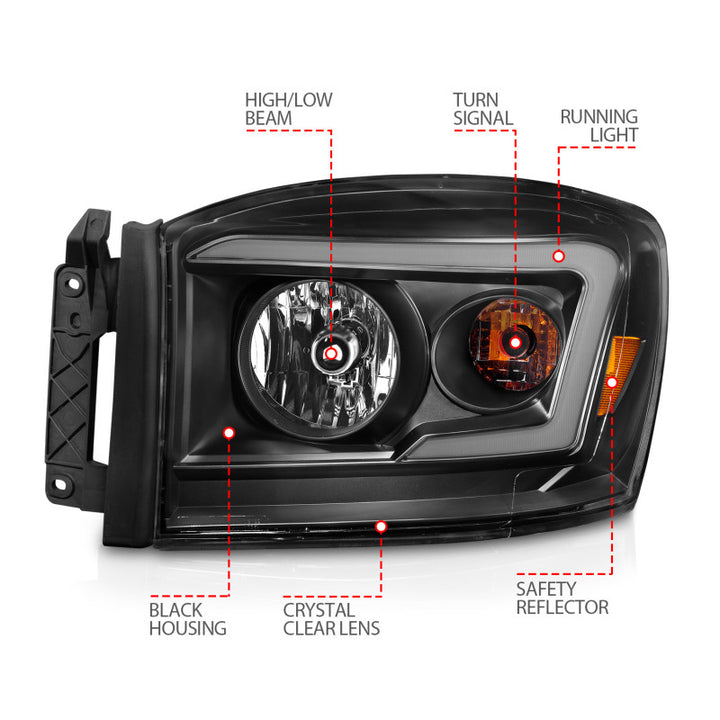 ANZO 06-09 Dodge RAM 1500/2500/3500 Headlights Black Housing/Clear Lens (w/ Light Bars) - Bull Strap