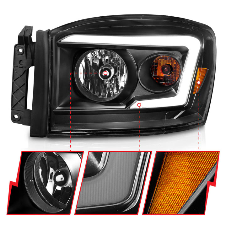 ANZO 06-09 Dodge RAM 1500/2500/3500 Headlights Black Housing/Clear Lens (w/ Light Bars) - Bull Strap
