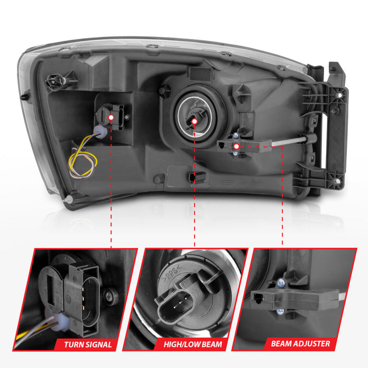 ANZO 06-09 Dodge RAM 1500/2500/3500 Headlights Black Housing/Clear Lens (w/ Light Bars) - Bull Strap