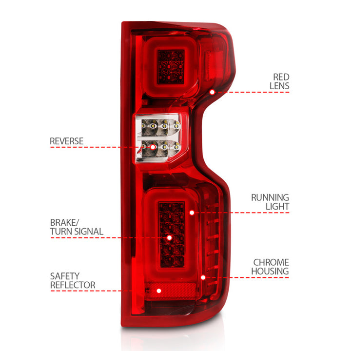 ANZO 19-21 Chevy Silverado Full LED Taillights Chrome Housing Red/Clear Lens G2 (w/C light Bars) - Bull Strap