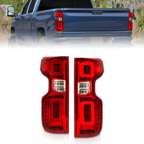 ANZO 19-21 Chevy Silverado Work Truck Full LED Taillights Chrome Housing Red Lens G2(w/C light Bars) - Bull Strap