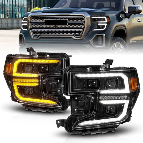 ANZO 19-21 GMC Sierra 1500 LED Projector Headlight w/Switchback+Sequential - Black - Bull Strap