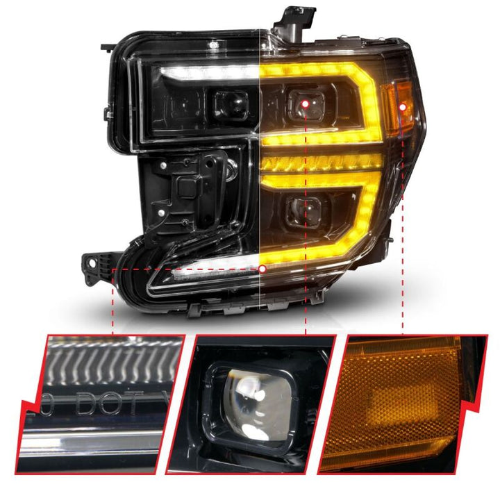 ANZO 19-21 GMC Sierra 1500 LED Projector Headlight w/Switchback+Sequential - Black - Bull Strap