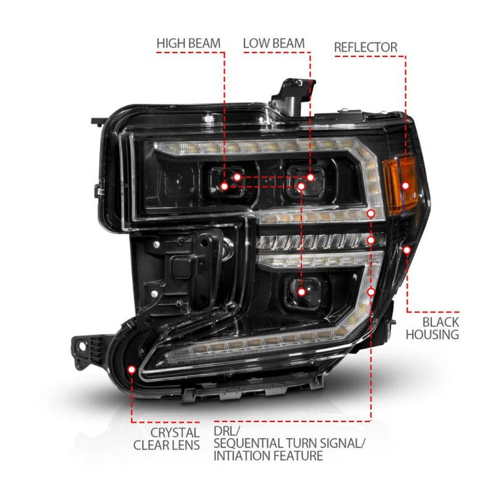 ANZO 19-21 GMC Sierra 1500 LED Projector Headlight w/Switchback+Sequential - Black - Bull Strap